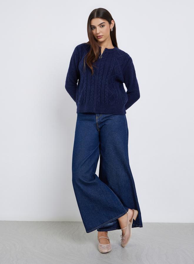 Styli Regular Fit Cable Knit Sweater with Zup-Up - Image 2