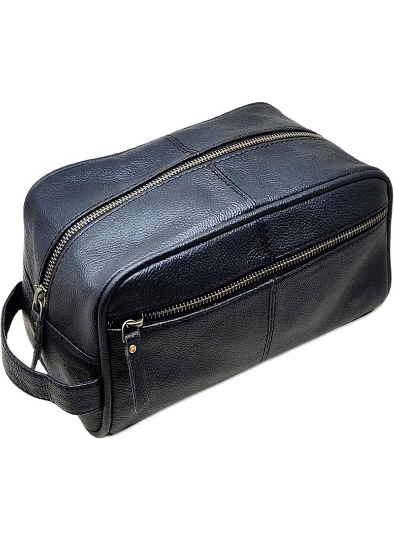 jaald - jaald Men's Genuine Leather Toiletry Bag Waterproof Dopp Kit Shaving Bags And Grooming For Travel Groomsmen Gift Men Women Hanging Zippered Makeup Bathroom Cosmetic Pouch Case Make Up kit - Image 1