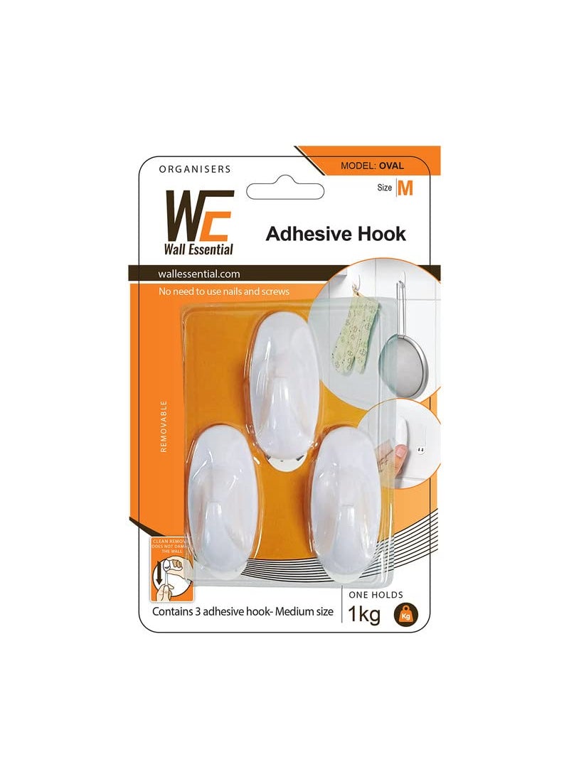 Wall Essential Wall Essential Adhesive Wall Hooks Reusable Utility Wall Hook for Kitchen Bedroom Bathroom Pack of 3 Pcs Sticky Wall Hooks One Pcs Holds Strongly Up to 1 kg 3 Pcs Model Oval Size Medium  - Image 1