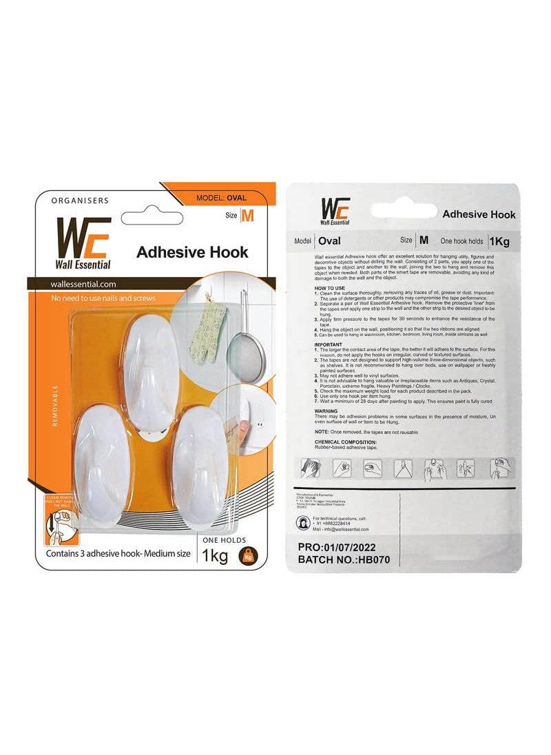 Wall Essential Wall Essential Adhesive Wall Hooks Reusable Utility Wall Hook for Kitchen Bedroom Bathroom Pack of 3 Pcs Sticky Wall Hooks One Pcs Holds Strongly Up to 1 kg 3 Pcs Model Oval Size Medium  - Image 3