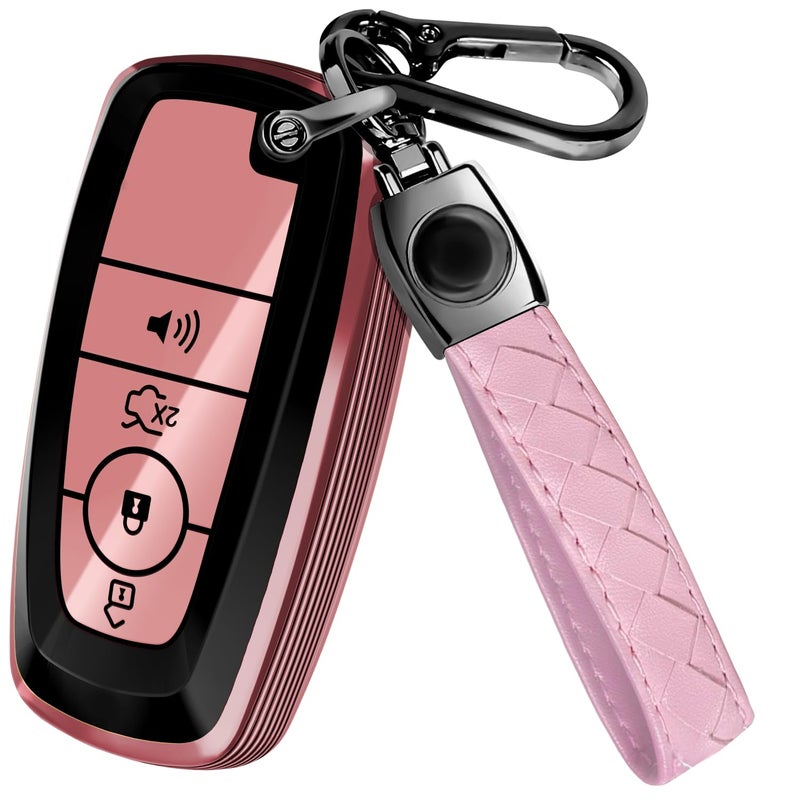 Lucrum Compatible with Ford Key Fob Cover & Leather Keychain, Keyfob Case for Bronco Explorer Edge Escape Expedition Fusion Mustang, For 4 Button Remote (2018-2025) - Pink and Black - Image 1