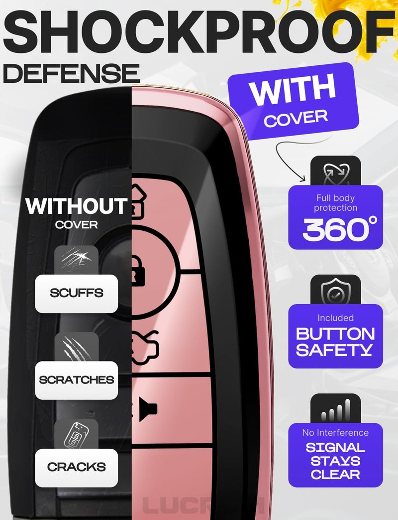 Lucrum Compatible with Ford Key Fob Cover & Leather Keychain, Keyfob Case for Bronco Explorer Edge Escape Expedition Fusion Mustang, For 4 Button Remote (2018-2025) - Pink and Black - Image 4