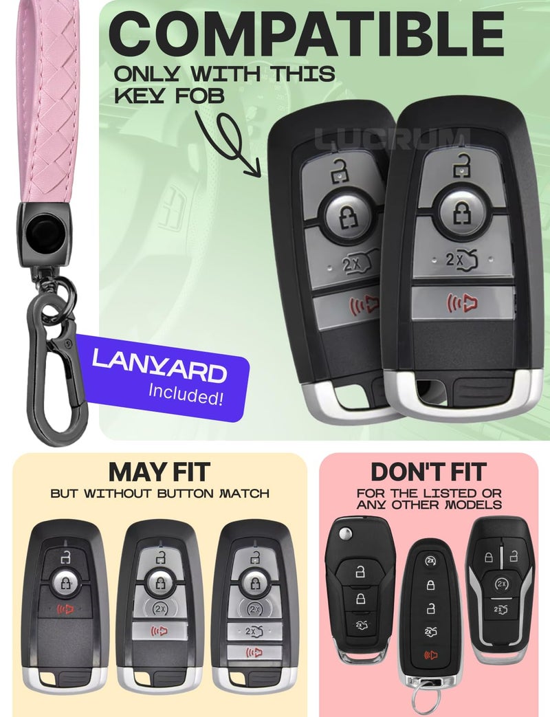 Lucrum Compatible with Ford Key Fob Cover & Leather Keychain, Keyfob Case for Bronco Explorer Edge Escape Expedition Fusion Mustang, For 4 Button Remote (2018-2025) - Pink and Black - Image 2