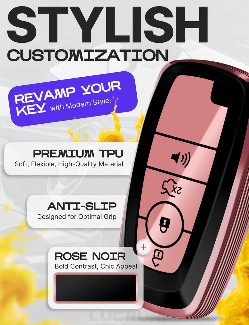 Lucrum Compatible with Ford Key Fob Cover & Leather Keychain, Keyfob Case for Bronco Explorer Edge Escape Expedition Fusion Mustang, For 4 Button Remote (2018-2025) - Pink and Black - Image 3