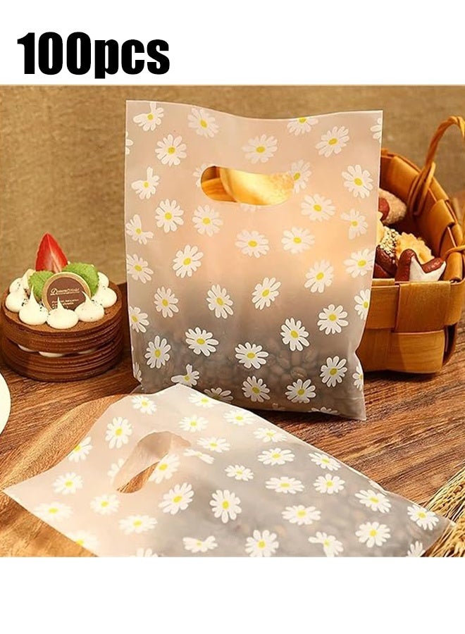 KANGLI 100pcs Daisy Pattern Reusable Gift Bags with Plastic Handles - Transparent Cookie & Candy Bags, Ideal for Mother's Day, Birthdays, Weddings, Holidays & Retail - Charming Floral Design Favor Bags, Small Gift Bags - Image 1