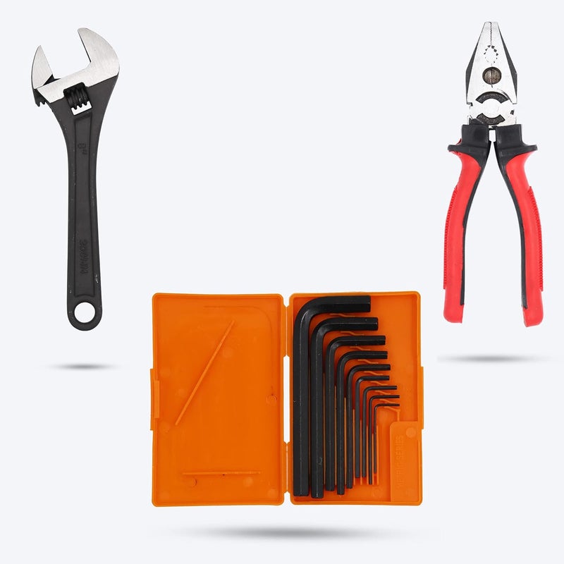 Hillgrove HGCM339M1 9 Pcs Full Hex Allen Key Kit with 8Inch Plier and 8inch Adjustable Wrench Bolt Spanner Goti Wrench L Shape Repair Tool for BikeBicycleCycleGuitar Allen Key Set