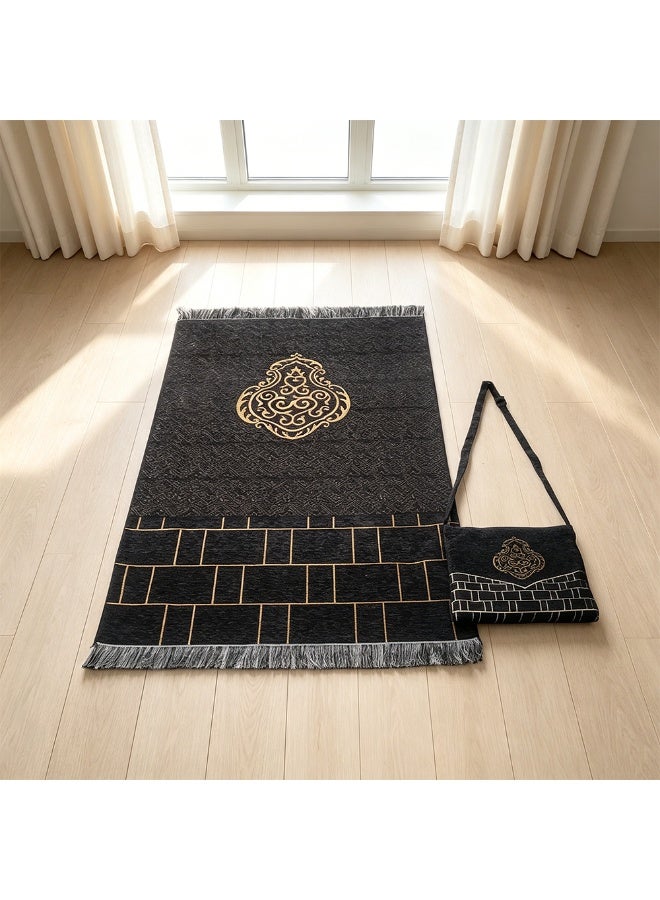 Black & Gold Chenille Prayer Mat Set with Matching Crossbody Bag, Geometric Star Design - Image 3
