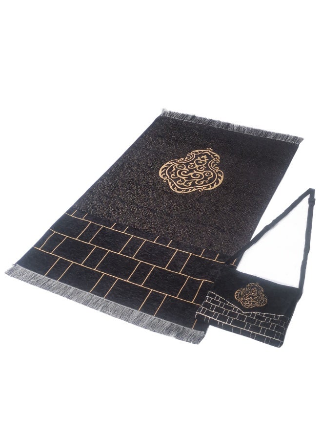 Black & Gold Chenille Prayer Mat Set with Matching Crossbody Bag, Geometric Star Design - Image 1