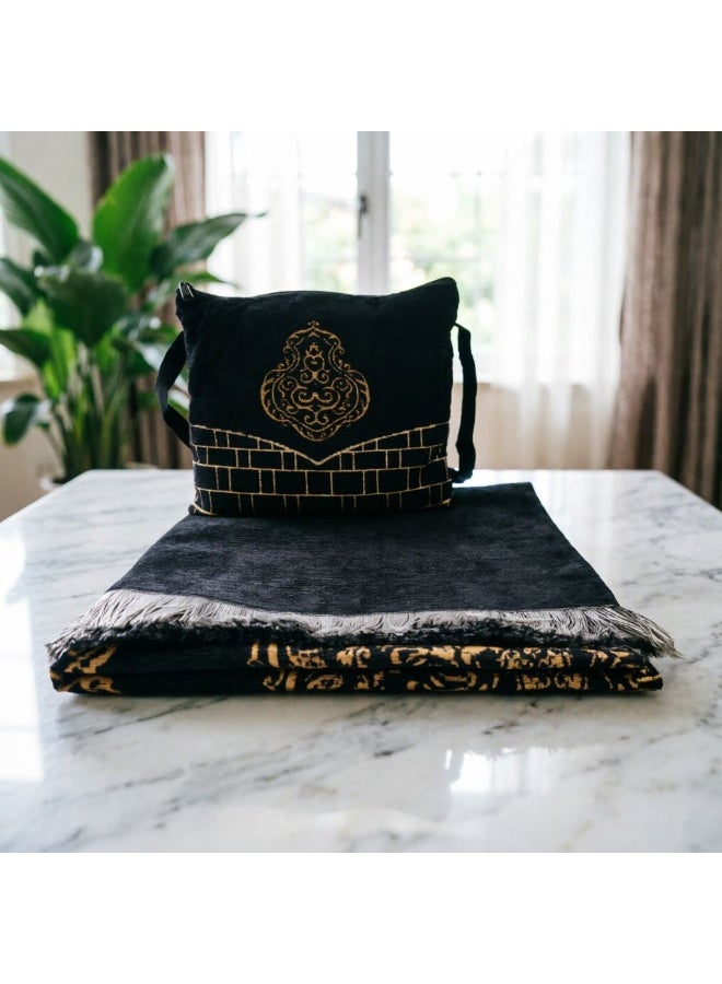 Black & Gold Chenille Prayer Mat Set with Matching Crossbody Bag, Geometric Star Design - Image 2
