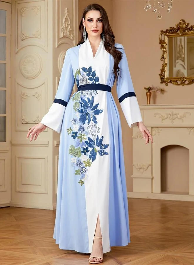 تايك تو Blue Floral Sequin Embroidered Tie-Up Details Maxi Jalabiya