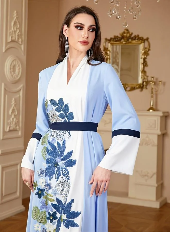 تايك تو Blue Floral Sequin Embroidered Tie-Up Details Maxi Jalabiya