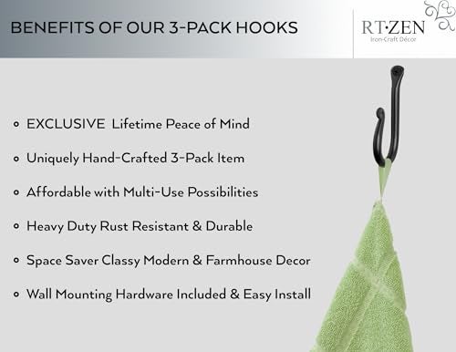 RTZEN Wall Mount Hook Set - Wrought Iron Decorative Rustic Metal Coat Hooks for Hanging - Handcrafted Classic Farmhouse Wall Mounted Black Hooks for Towel Robe or Hat Hanging - 3 Pack - Image 2
