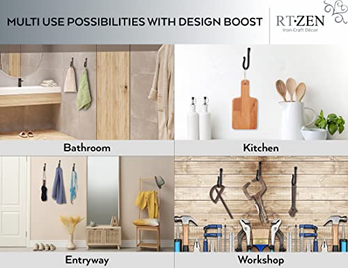 RTZEN Wall Mount Hook Set - Wrought Iron Decorative Rustic Metal Coat Hooks for Hanging - Handcrafted Classic Farmhouse Wall Mounted Black Hooks for Towel Robe or Hat Hanging - 3 Pack - Image 3