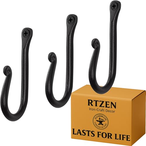 RTZEN Wall Mount Hook Set - Wrought Iron Decorative Rustic Metal Coat Hooks for Hanging - Handcrafted Classic Farmhouse Wall Mounted Black Hooks for Towel Robe or Hat Hanging - 3 Pack - Image 1