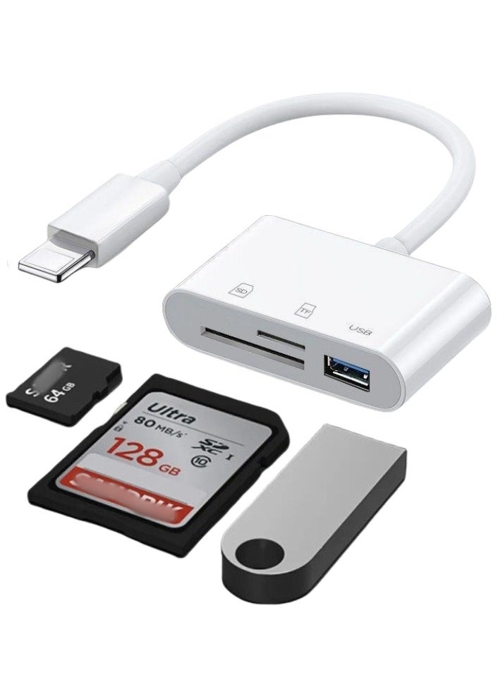 SD Card Reader for iPhone, Lightning to SD Card Reader, 3-in-1 SD Card Reader for SD Card/Micro SD Digital Camera Adapter Compatible with iPhone, Plug and Play SD Card Reader