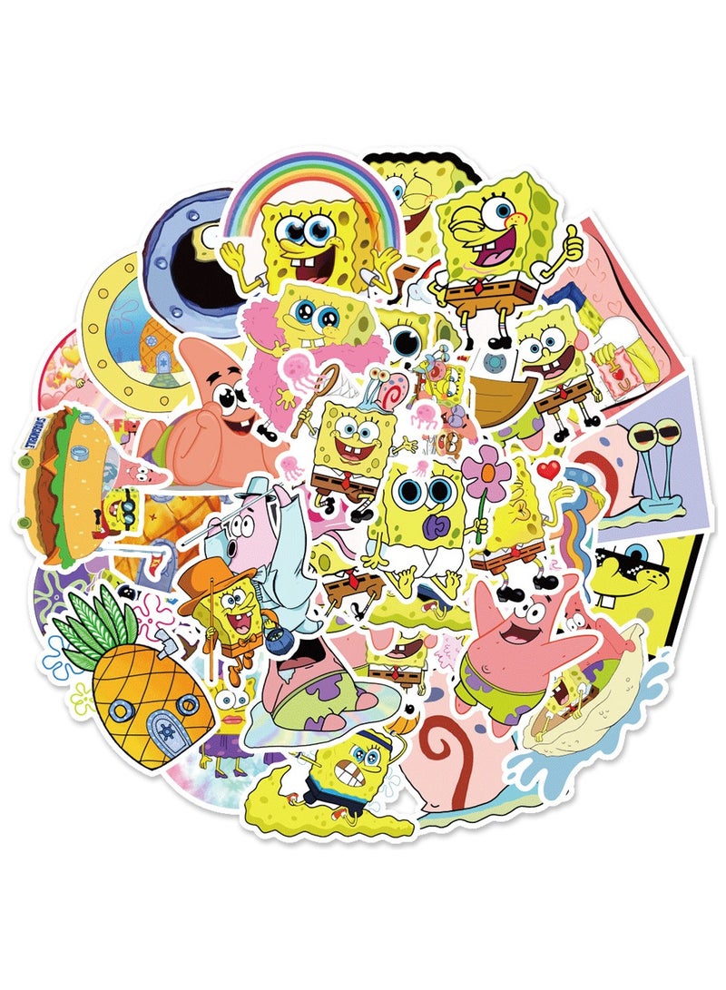 50 Pcs Waterproof SpongeBob Stickers Cute Anime Cartoon Vinyl Aesthetic Sticker Laptop Skateboard Luggage Computer Water Bottle Graffiti Sticker Packs
