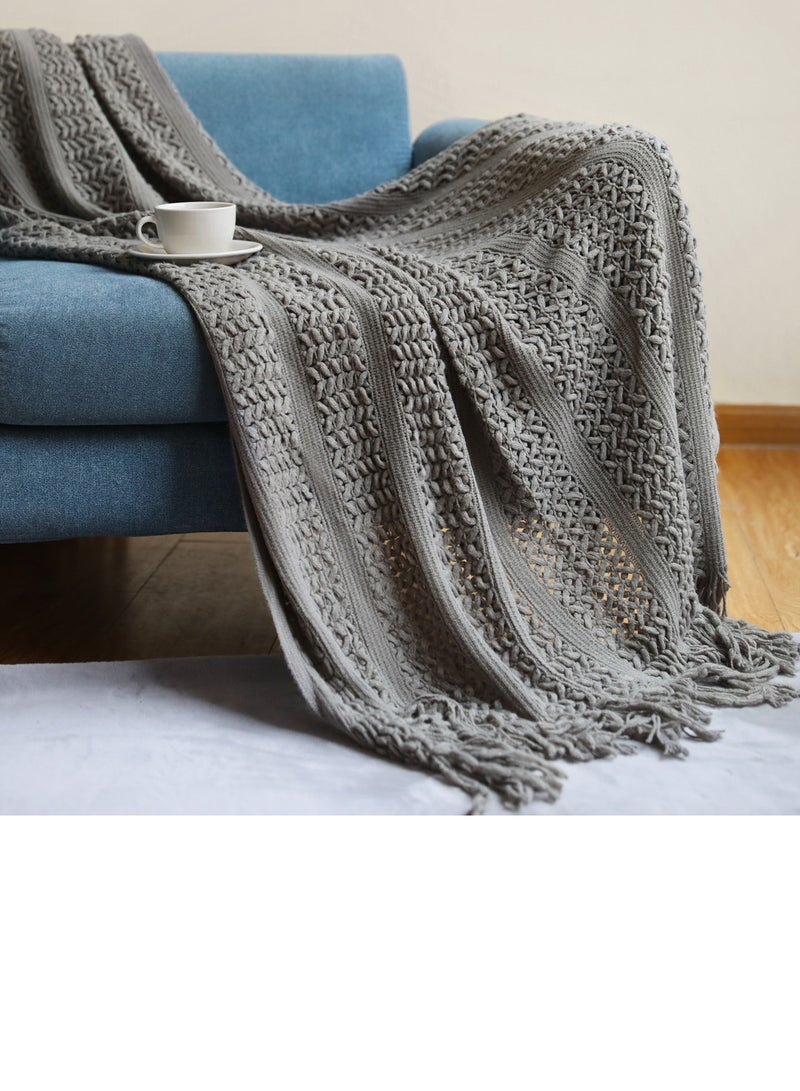 Solid Color Tassel Design Hollowed Knitted Soft Throw Blanket Ash Grey