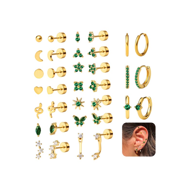 KRFY Flat Back Stud Earrings - 17 Pairs 18K Gold Plated Surgical Steel Stud Earrings For Women Hypoallergenic Hoop Earrings Tiny Screw Back Cartilage Earring Set For Multiple Piercing - Image 1