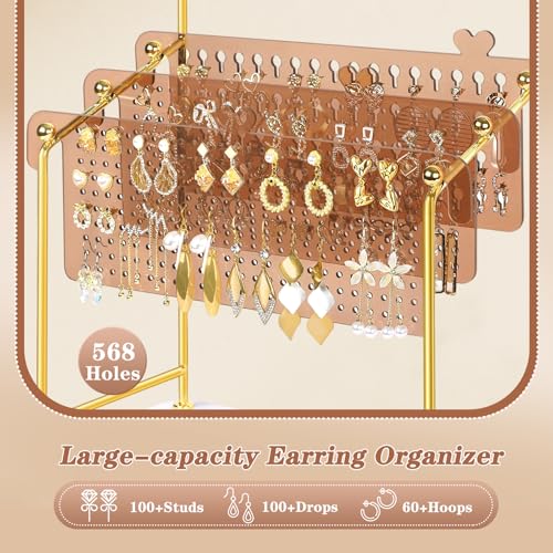 SOLIMINTR Earring Organizer, Earring Holder Display Stand with 3 Earring Storage Pegboards 568 Holes, Jewelry Organizer with Hook Rack for Stud Earrings Necklace, Acrylic Large Jewlery Hanger Towers for Women - Image 3