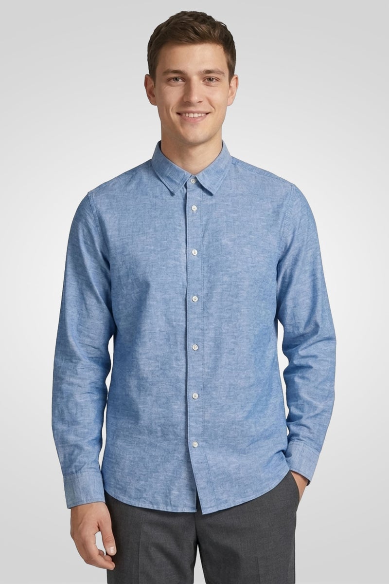 SELECTED Men Slim Fit Chambray Long Sleeve Casual Shirt, Blue - Image 1