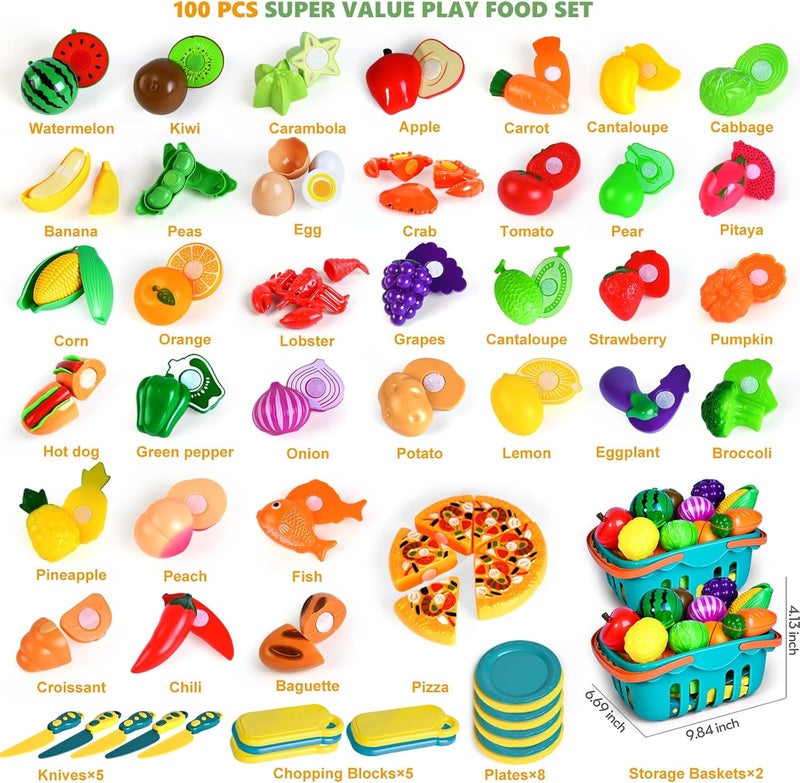 BAODLON 100 Pcs Play Food Set for Kids Kitchen, Pretend Food Toy for Toddlers Age 1-3, Plastics Cutting Fake Food/ Fruit/ Vegetable Accessories with 2 Baskets, Birthday Gifts for 2 3 4 5 Years Old Boys Girls - Image 2