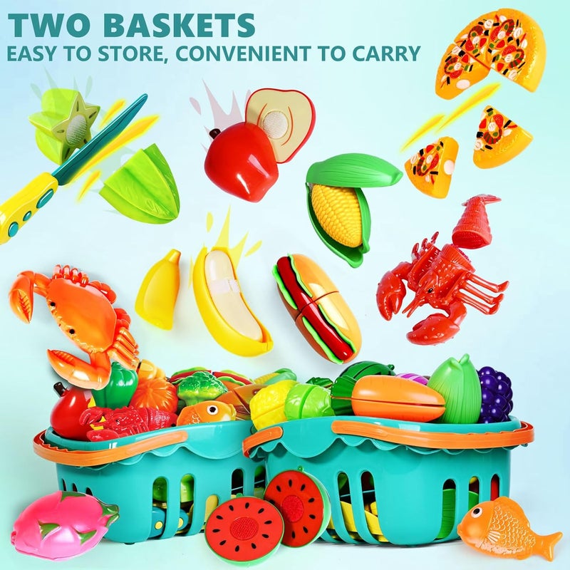 BAODLON 100 Pcs Play Food Set for Kids Kitchen, Pretend Food Toy for Toddlers Age 1-3, Plastics Cutting Fake Food/ Fruit/ Vegetable Accessories with 2 Baskets, Birthday Gifts for 2 3 4 5 Years Old Boys Girls - Image 3