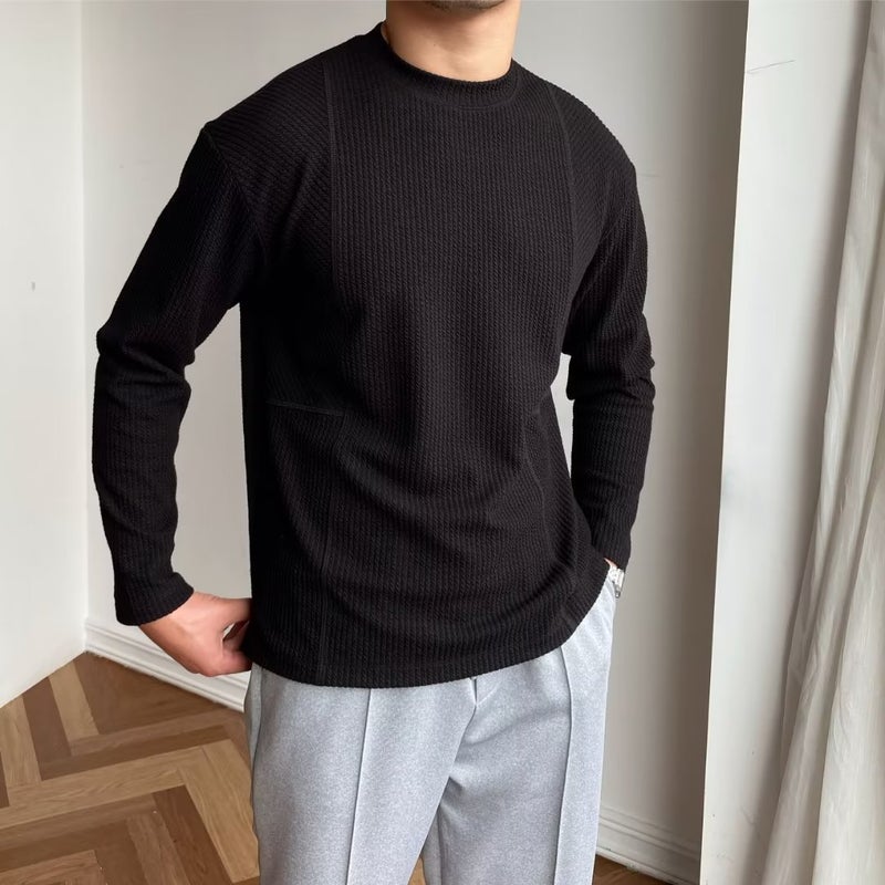 Waffles Textured T-Shirt Men'S Crewneck Slim-Fit Long-Sleeved Breathable Fitness Training Clothing Pit Striped Sports Top Trendy - Image 5