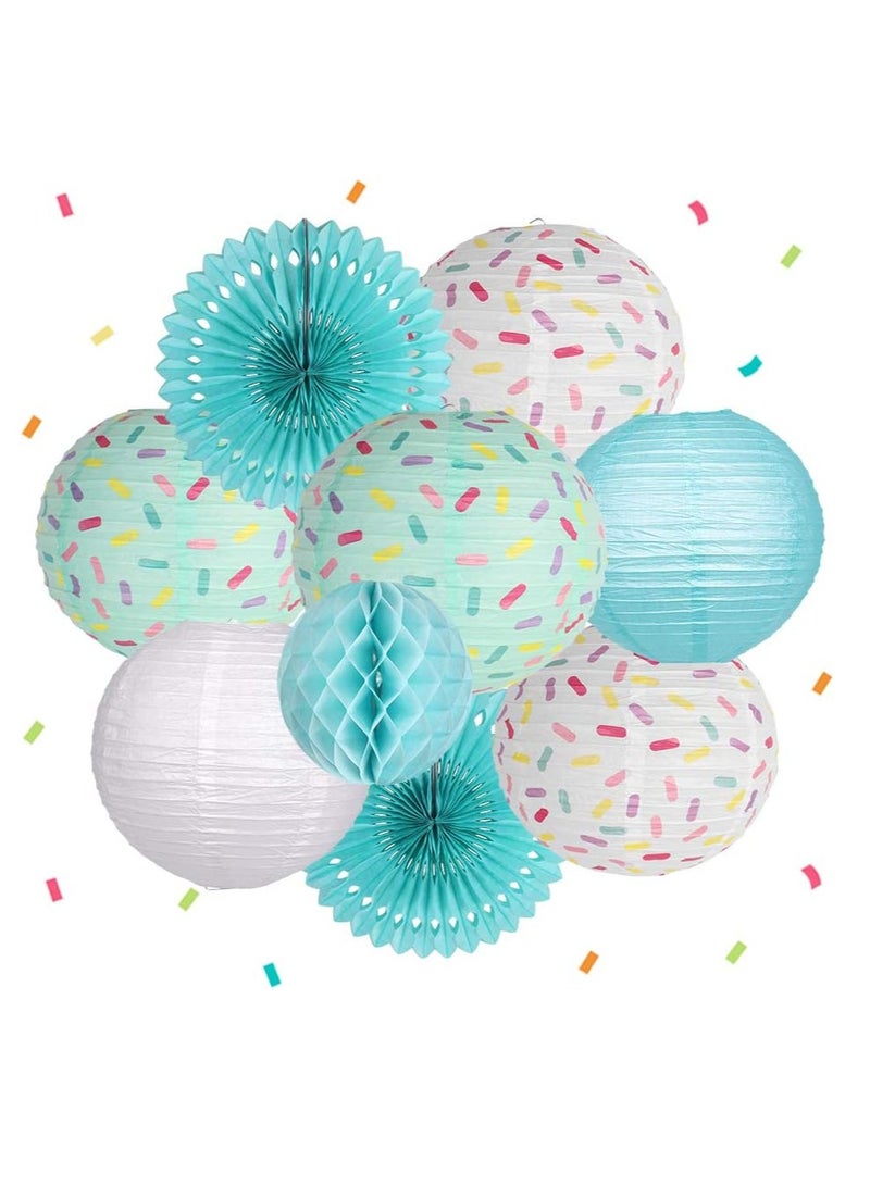SYOSI Donut Birthday Party Decorations 9Pcs Donut Party Supplies Donut Lanterns Party Paper Fan Honeycomb Ball Hanging Paper Lanterns for Baby Shower Kids Birthday Party Ice Cream Party Decorations Blue - Image 1