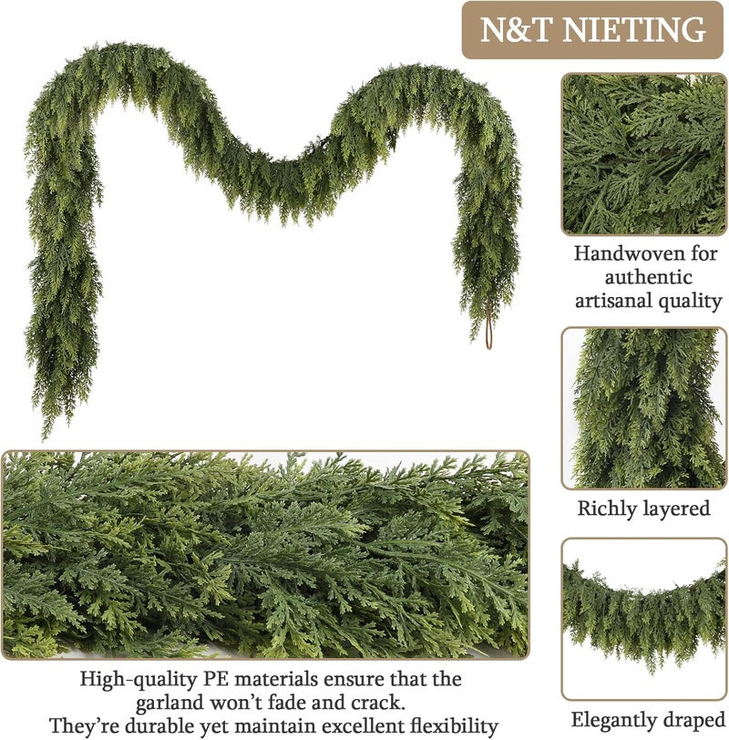 NT NIETING 9ft Christmas Cedar Garland with Realistic Soft Thickness Pine, Artificial Green Faux Cedar Pine Garland for Fireplace Mantle Fireplace Indoor Outdoor Holiday Party Home Decoration - Image 3