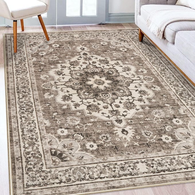 WASHABLE ORIENTAL AREA RUG 5X8 RUGS FOR LIVING ROOM SOFT CARPET FOR BEDROOM WATERPROOF FLORAL DISTRESSED INDOOR STAIN RESISTANT NONSHEDDING FLOOR CARPETS BEIGE 5X8