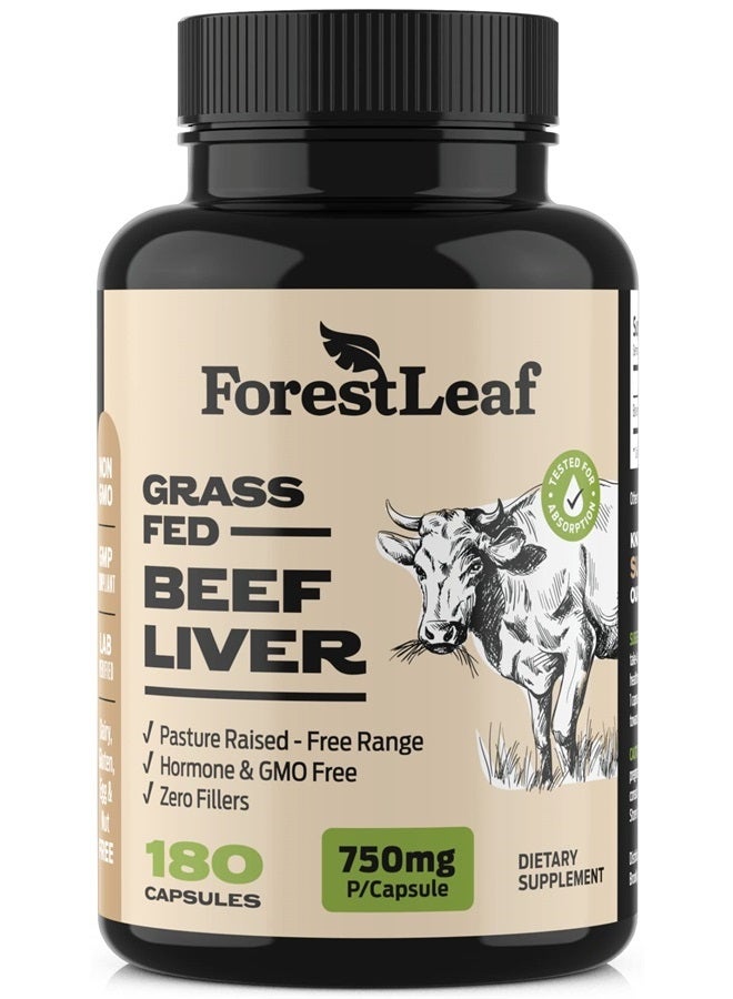 ForestLeaf كبسولات كبد البقر من المراعي العشبية، 3000 ملغ لكل حصة، تدعم المناعة الكاملة وصحة الجسم، التطهير، الهضم، الحديد الطبيعي، فيتامين أ و ب12، مكمل كبد البقر المجفف بالتجميد، 180 كبسولة - Image 1