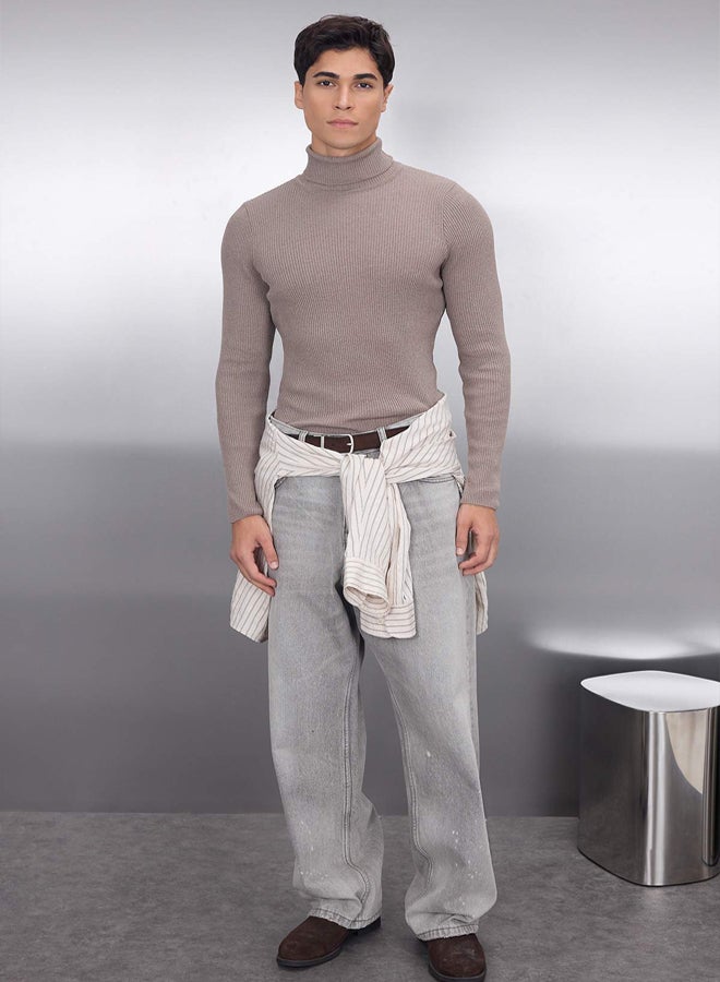 trendyol Mink Fitted Slim Fit Cotton Turtleneck Ribbed Knit Sweater - Image 1