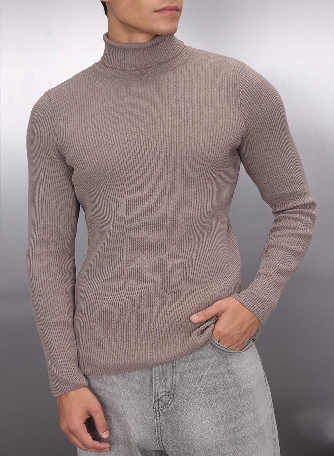 trendyol Mink Fitted Slim Fit Cotton Turtleneck Ribbed Knit Sweater - Image 3