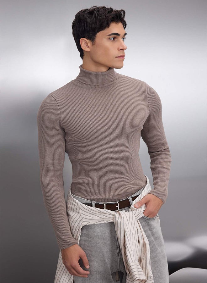 trendyol Mink Fitted Slim Fit Cotton Turtleneck Ribbed Knit Sweater - Image 2