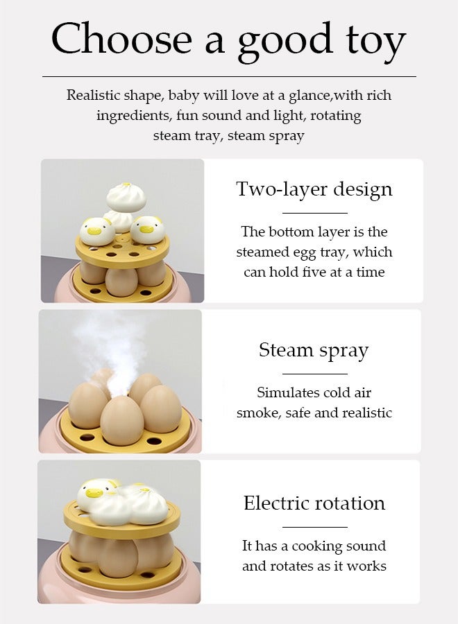 DUNISO Kitchen Pretend Play Toy Set, Imitation Spray Egg Steamer Preschool Cooking Set, Double-layer Design, with Spray Sound Effect and Electric Rotation, Suitable for Boys, Girls, Kids, Children (17 Pcs) - Image 5