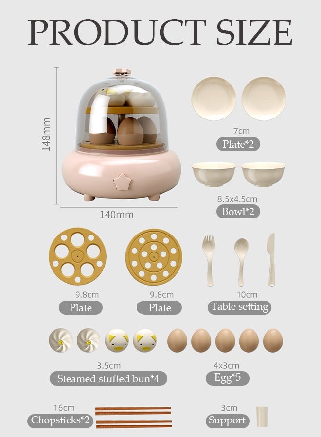 DUNISO Kitchen Pretend Play Toy Set, Imitation Spray Egg Steamer Preschool Cooking Set, Double-layer Design, with Spray Sound Effect and Electric Rotation, Suitable for Boys, Girls, Kids, Children (17 Pcs) - Image 3