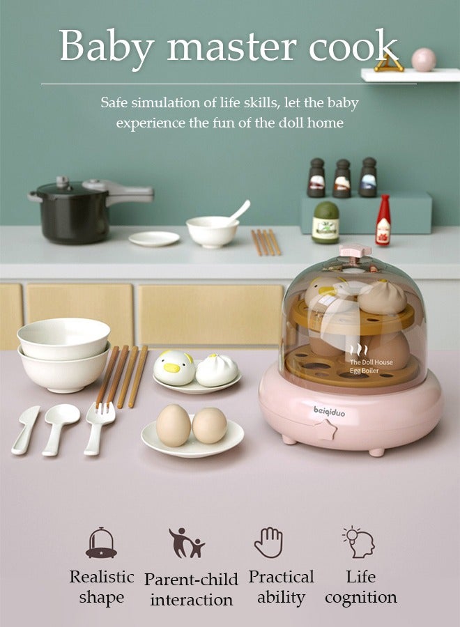 DUNISO Kitchen Pretend Play Toy Set, Imitation Spray Egg Steamer Preschool Cooking Set, Double-layer Design, with Spray Sound Effect and Electric Rotation, Suitable for Boys, Girls, Kids, Children (17 Pcs) - Image 4