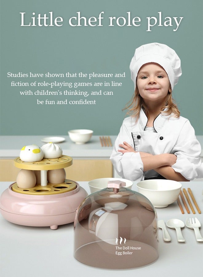 DUNISO Kitchen Pretend Play Toy Set, Imitation Spray Egg Steamer Preschool Cooking Set, Double-layer Design, with Spray Sound Effect and Electric Rotation, Suitable for Boys, Girls, Kids, Children (17 Pcs) - Image 2