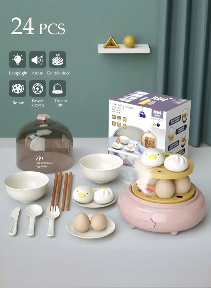 DUNISO Kitchen Pretend Play Toy Set, Imitation Spray Egg Steamer Preschool Cooking Set, Double-layer Design, with Spray Sound Effect and Electric Rotation, Suitable for Boys, Girls, Kids, Children (17 Pcs) - Image 1