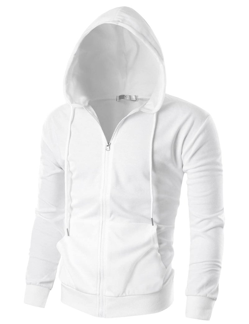 Ohoo Mens Zip Up Hoodie Lightweight Slim Fit Sweatshirt Full Zip Hooded Jacket DCF002WHITEM
