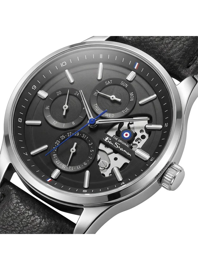 بين شيرمان St Albans Black Dial Black Genuine Leather Strap Multifunction Watch for Men, 43.5mm