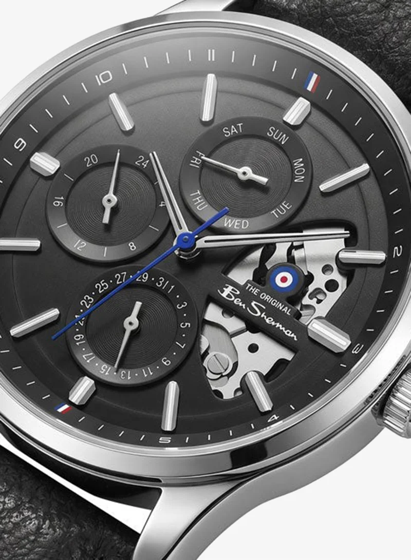 Ben Sherman St Albans Black Dial Black Genuine Leather Strap Multifunction Watch for Men, 43.5mm