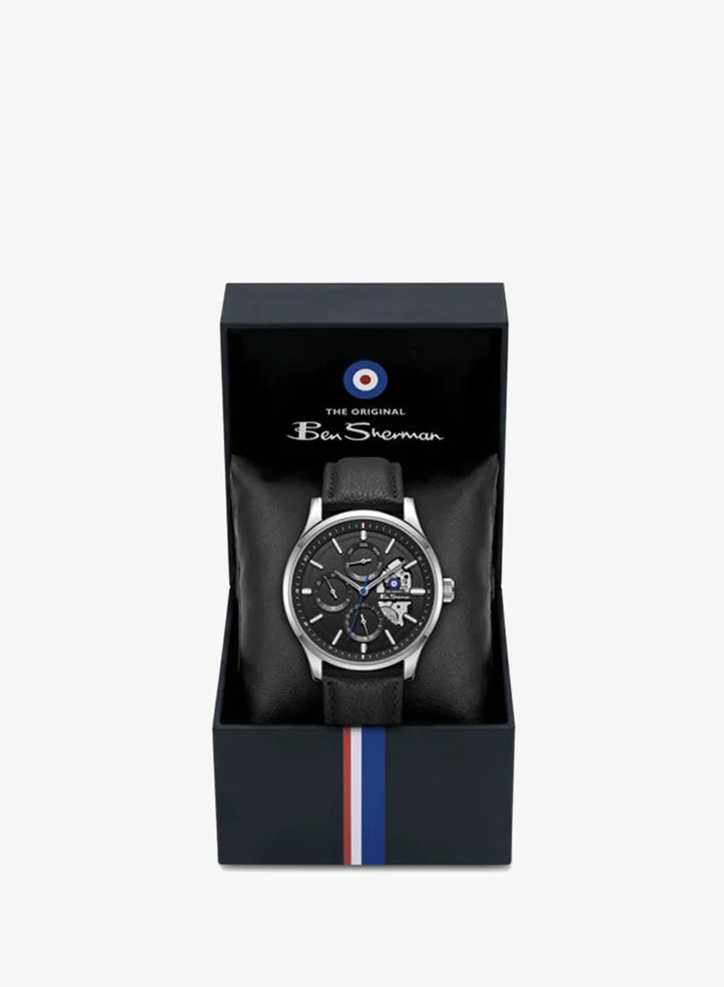 Ben Sherman Black St Albans Black Dial Black Genuine Leather Strap Multifunction Watch for Men, 43.5mm for Men | Best Price UAE