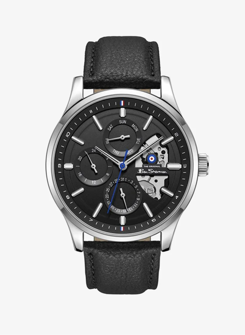 Ben Sherman St Albans Black Dial Black Genuine Leather Strap Multifunction Watch for Men, 43.5mm