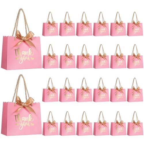 QIELSER 50 Pack Small Thank You Gift Bags with Handles Pink Mini Party Favor Bags 55x 25x47 Mini Gift Bags Bulk with Bow Ribbon for Valentines Day Bridal Wedding Baby Shower - Image 1
