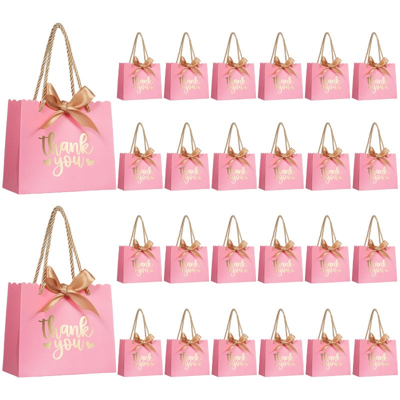 QIELSER 50 Pack Small Thank You Gift Bags with Handles Pink Mini Party Favor Bags 55x 25x47 Mini Gift Bags Bulk with Bow Ribbon for Valentines Day Bridal Wedding Baby Shower - Image 2