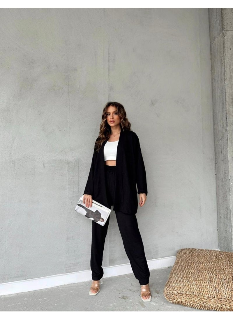 Escbutik Women's Elastic Waist Wrapped Fabric Trousers Kimono 2 Piece Set  - Image 2