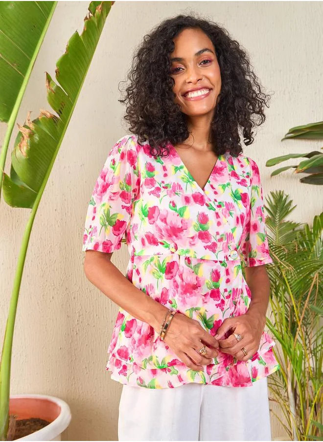 ساسافراس Floral Print Wrap Peplum Top by Styli