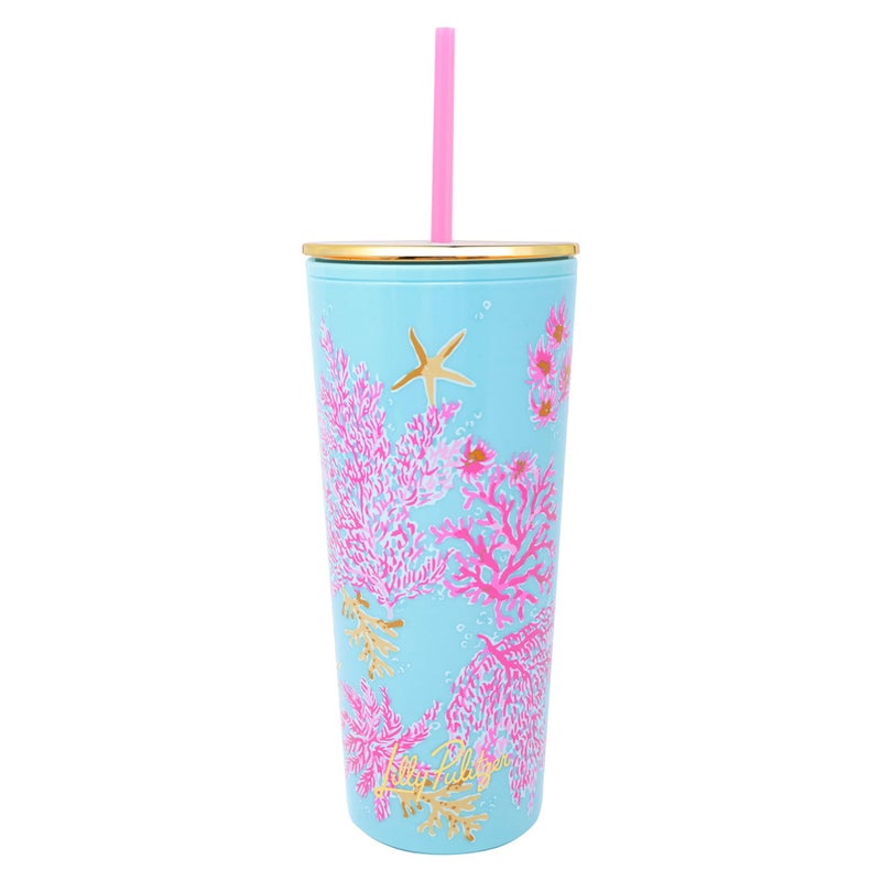 Lilly Pulitzer Double Wall Tumbler with Lid and Reusable Straw, Insulated Travel Cup Holds 24 Ounces (Royal Coral) - Image 1