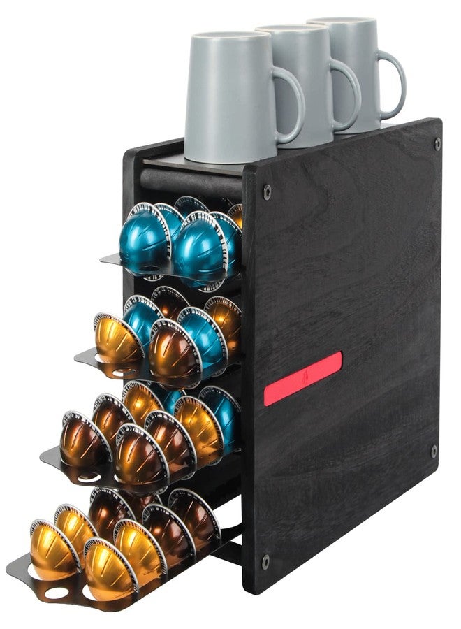 J JACKCUBE DESIGN Black Rustic Wooden Coffee Capsule 4 Tier Holder Organizer Drawer Storage 80 Capacity, Compatible with Nespresso Vertuo Pod - MK746C - Image 1
